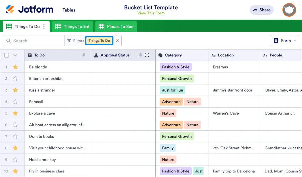 Bucket List Template | Jotform Tables