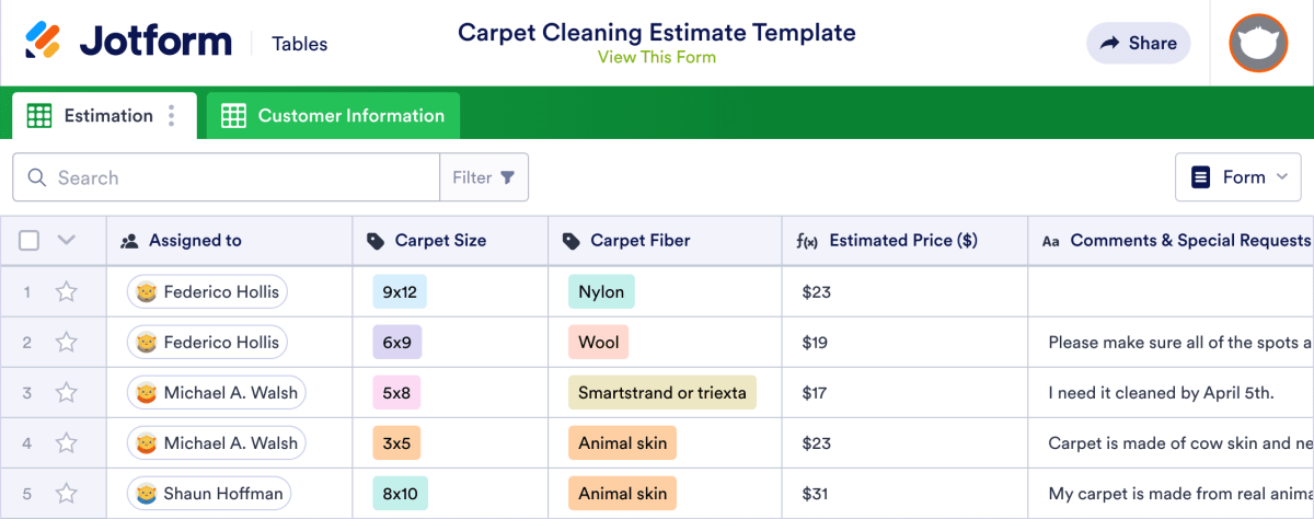 Carpet Cleaning Estimate Template | Jotform Tables
