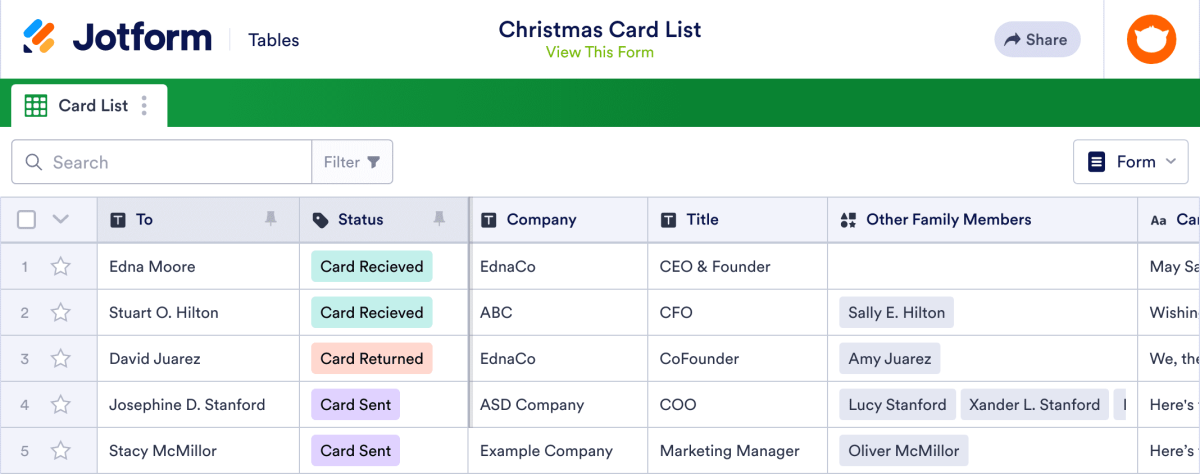 Christmas Card List Template | Jotform Tables