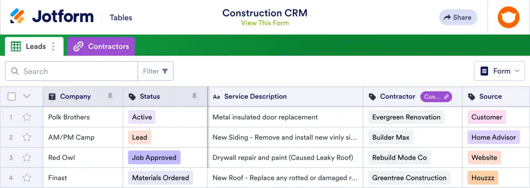 Construction CRM Template | Jotform Tables