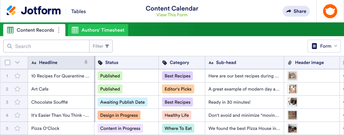 Content Calendar Template | Jotform Tables
