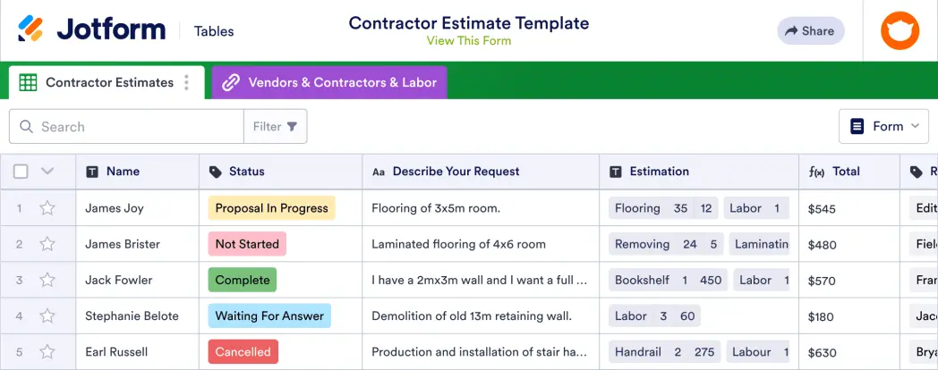 Contractor Estimate Template | Jotform Tables