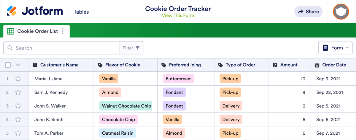 Cookie Order Tracker Template | Jotform Tables