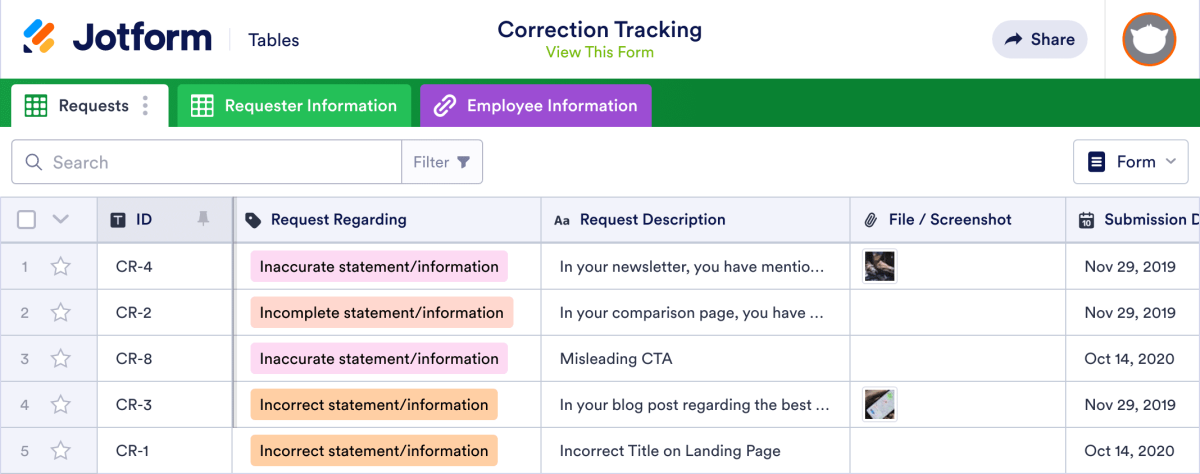 Correction Tracking Template | Jotform Tables