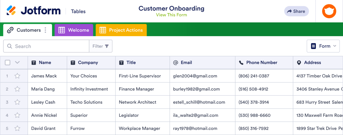 Customer Onboarding Template | Jotform Tables
