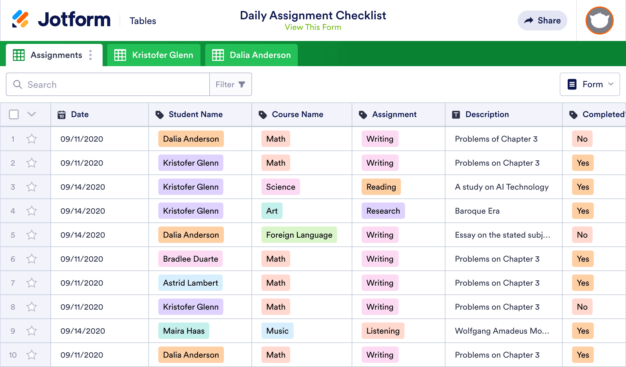 Daily Assignment Checklist Template | Jotform Tables