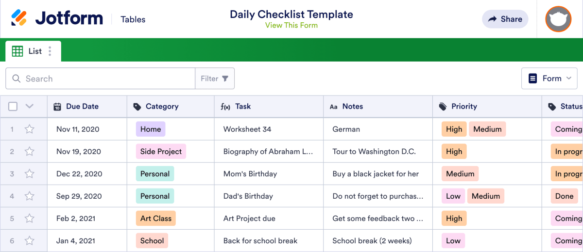 Daily Checklist Template | Jotform Tables