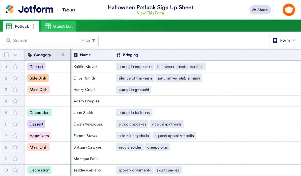 Halloween Potluck Sign Up Sheet Template