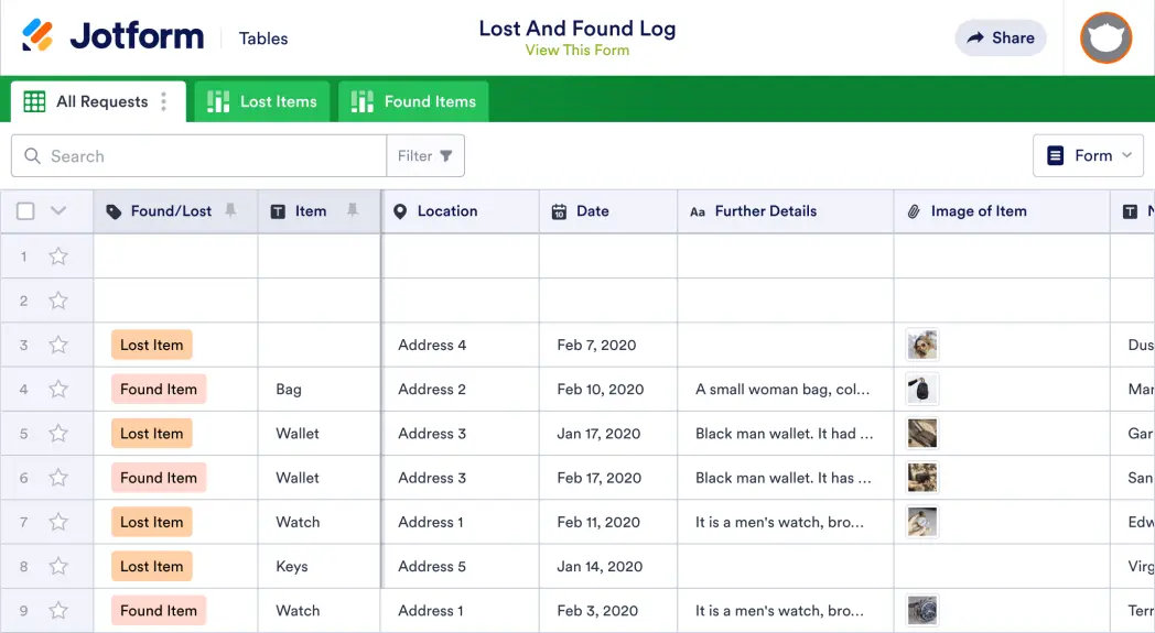 Lost And Found Log Template