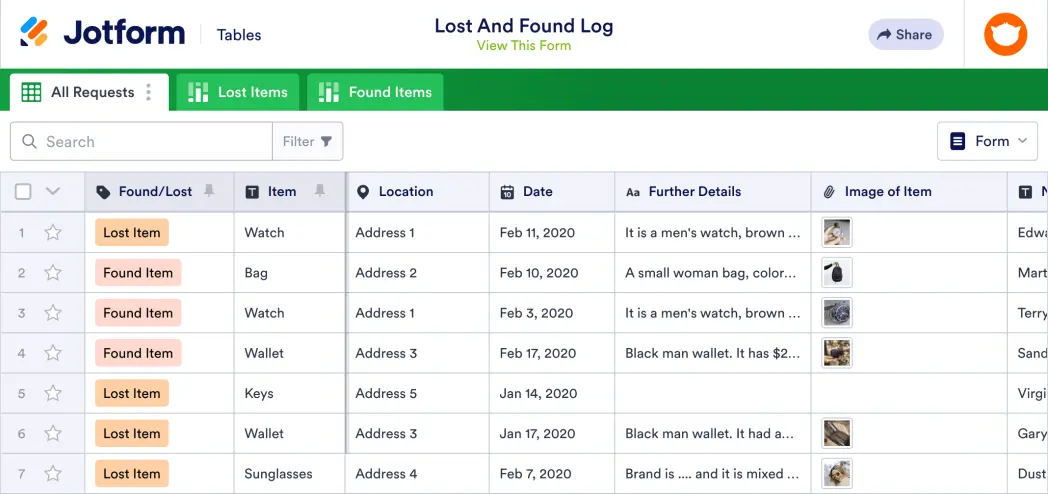 Lost And Found Log Template