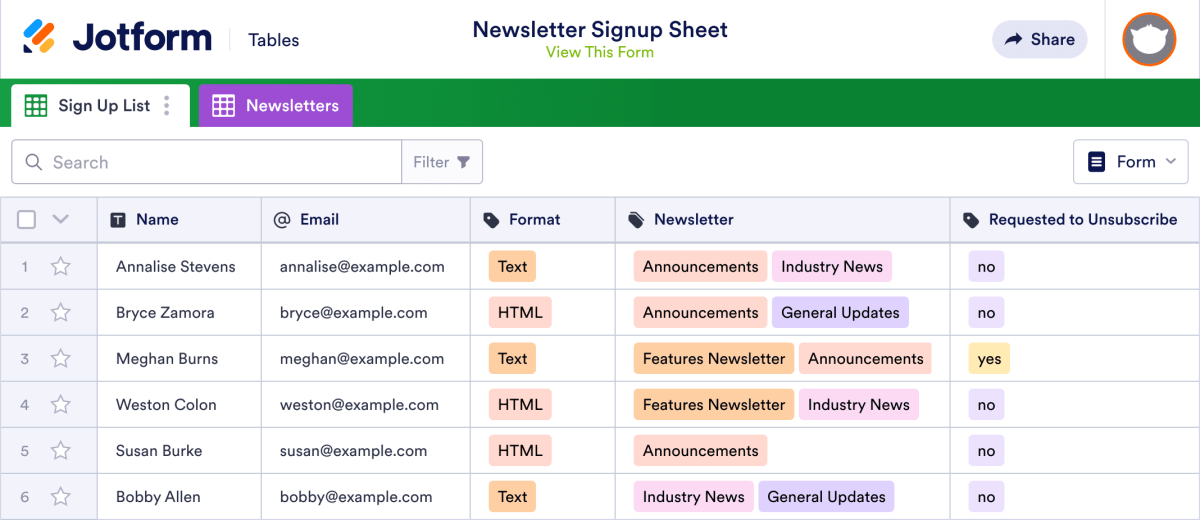 Newsletter Signup Sheet Template | Jotform Tables