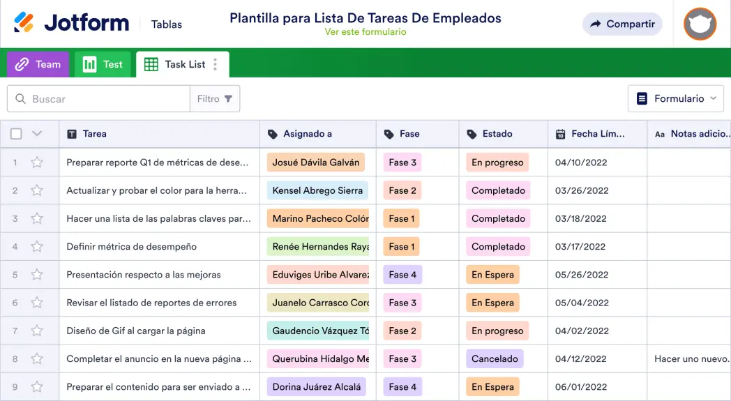 lista de tareas en la plantilla de excel