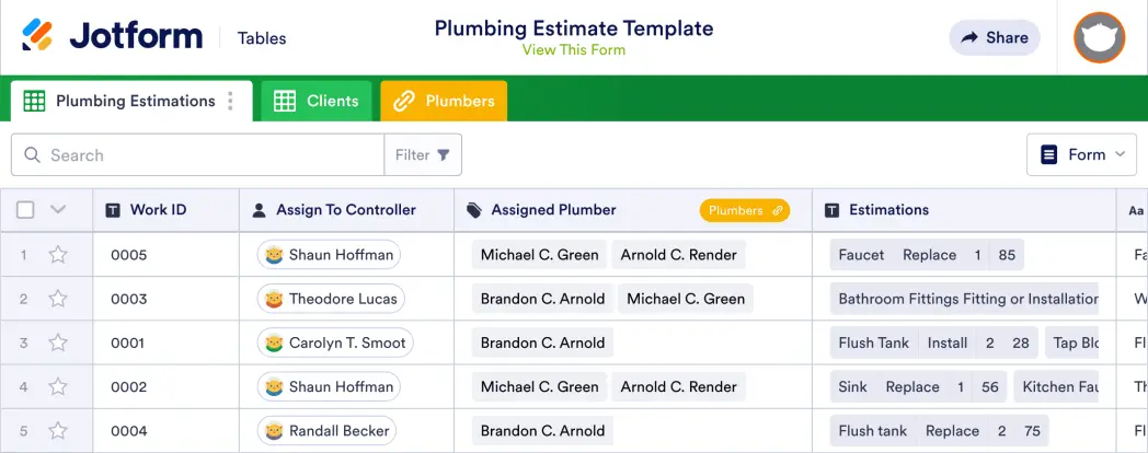 Plumbing Estimate Template | Jotform Tables