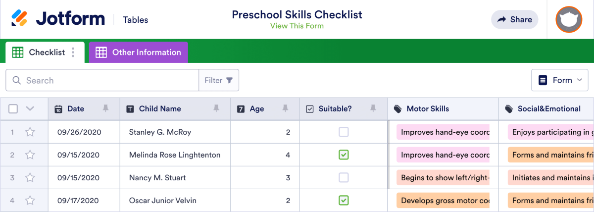 Preschool Skills Checklist Template | Jotform Tables