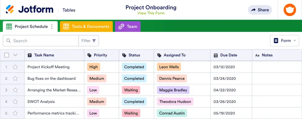 Project Onboarding Template | Jotform Tables