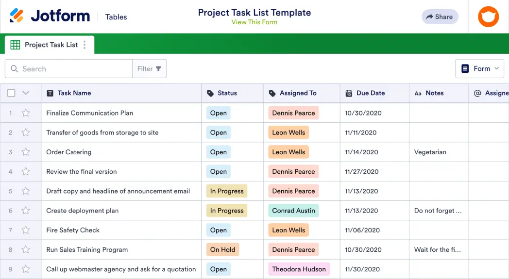 Project Task List Template | Jotform Tables