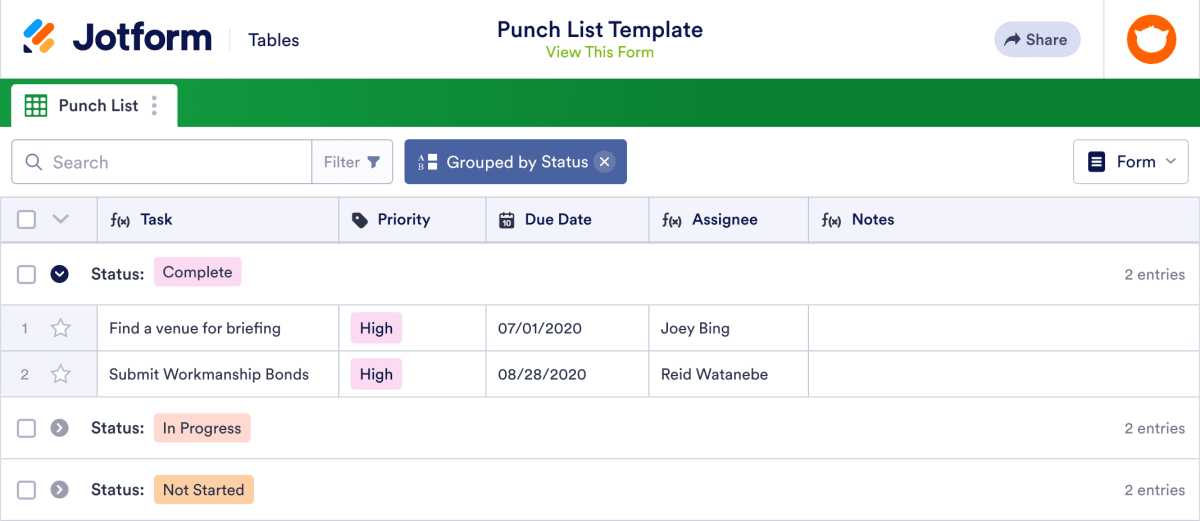 Punch List Template | Jotform Tables