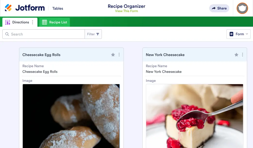 Recipe Organizer Template Jotform Tables
