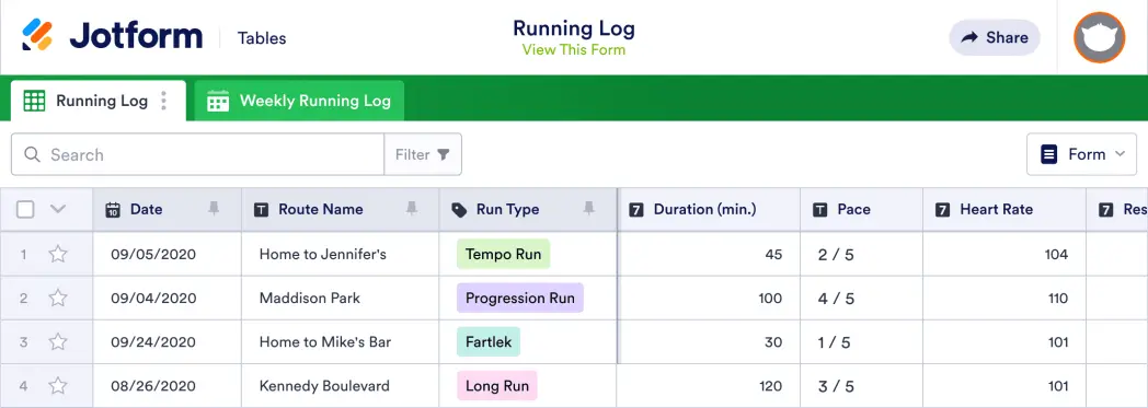 Running Log Template | Jotform Tables