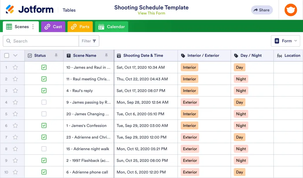 Shooting Schedule Template | Jotform Tables