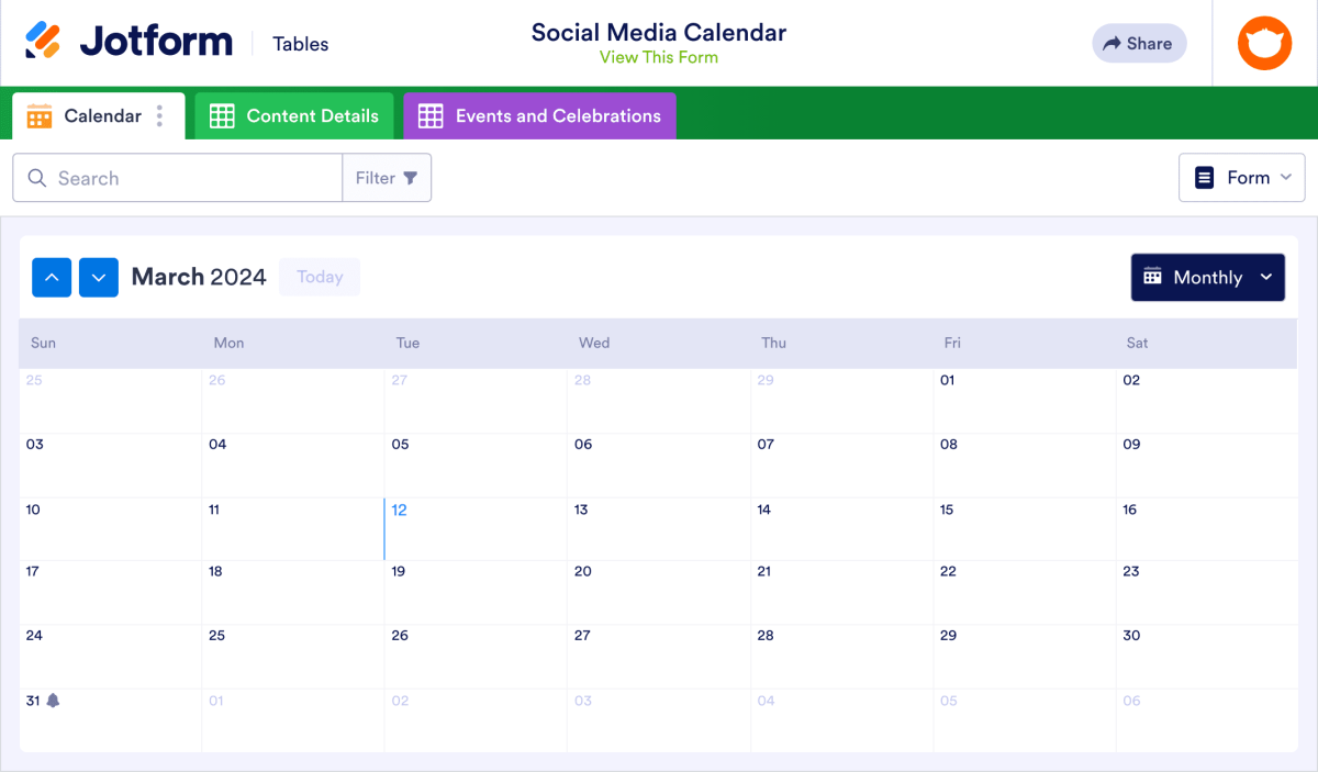 Social Media Calendar Template | Jotform Tables