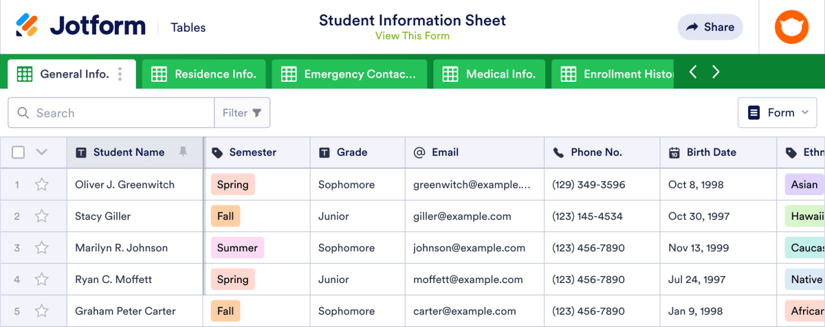 Student Information Sheet Template