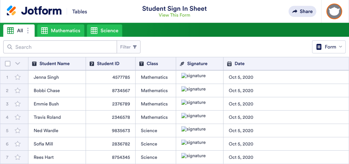 Student Sign In Sheet Template | Jotform Tables