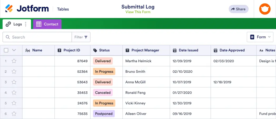 Submittal Log Template | Jotform Tables