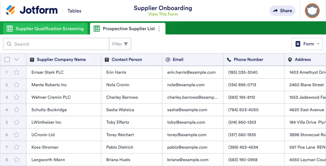 Supplier Onboarding Template | Jotform Tables