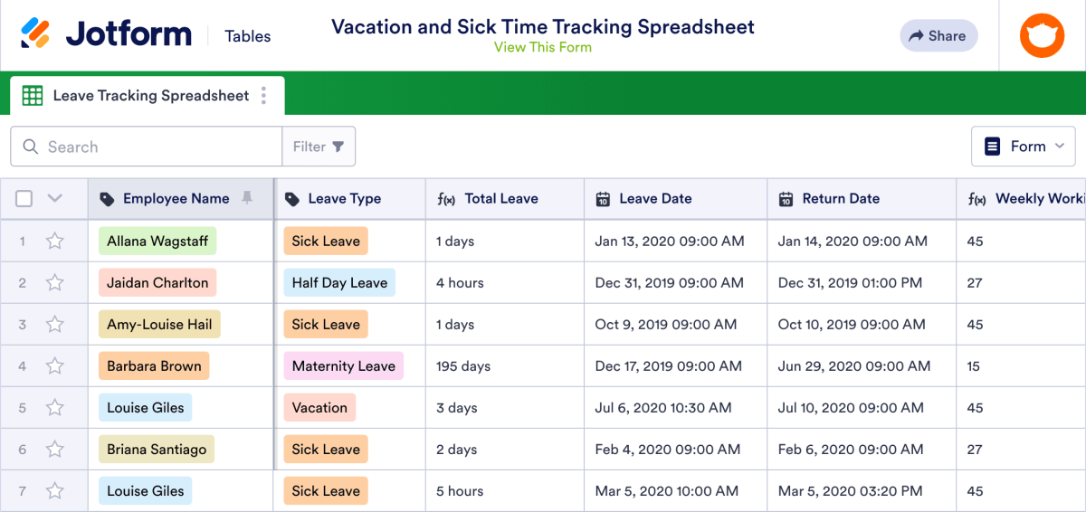 Vacation and Sick Time Tracking Sheet Template | Jotform Tables