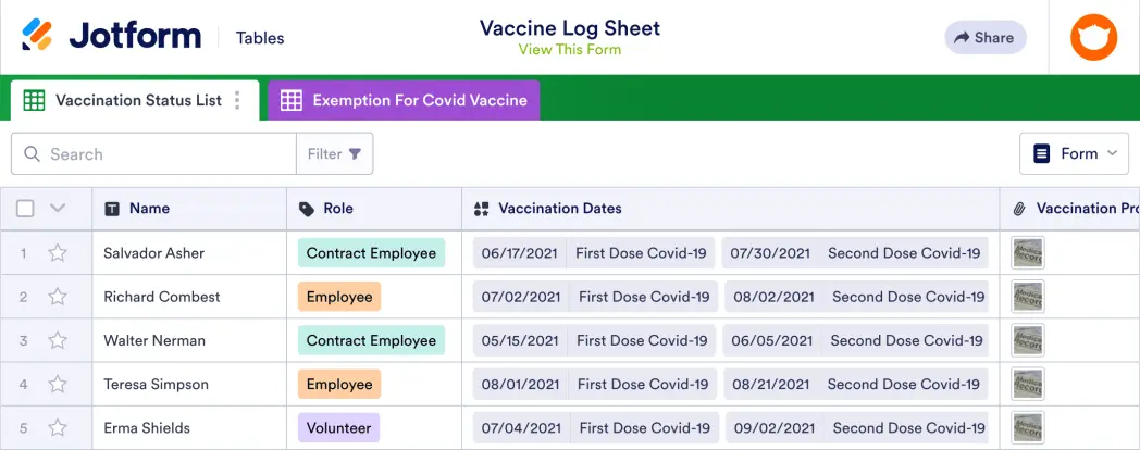Vaccine Log Sheet Template | Jotform Tables