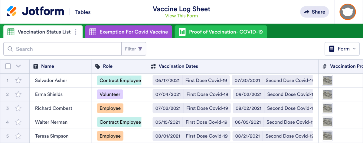 Vaccine Log Sheet Template | Jotform Tables