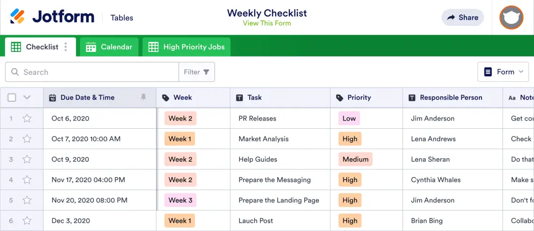 Weekly Checklist Template | Jotform Tables