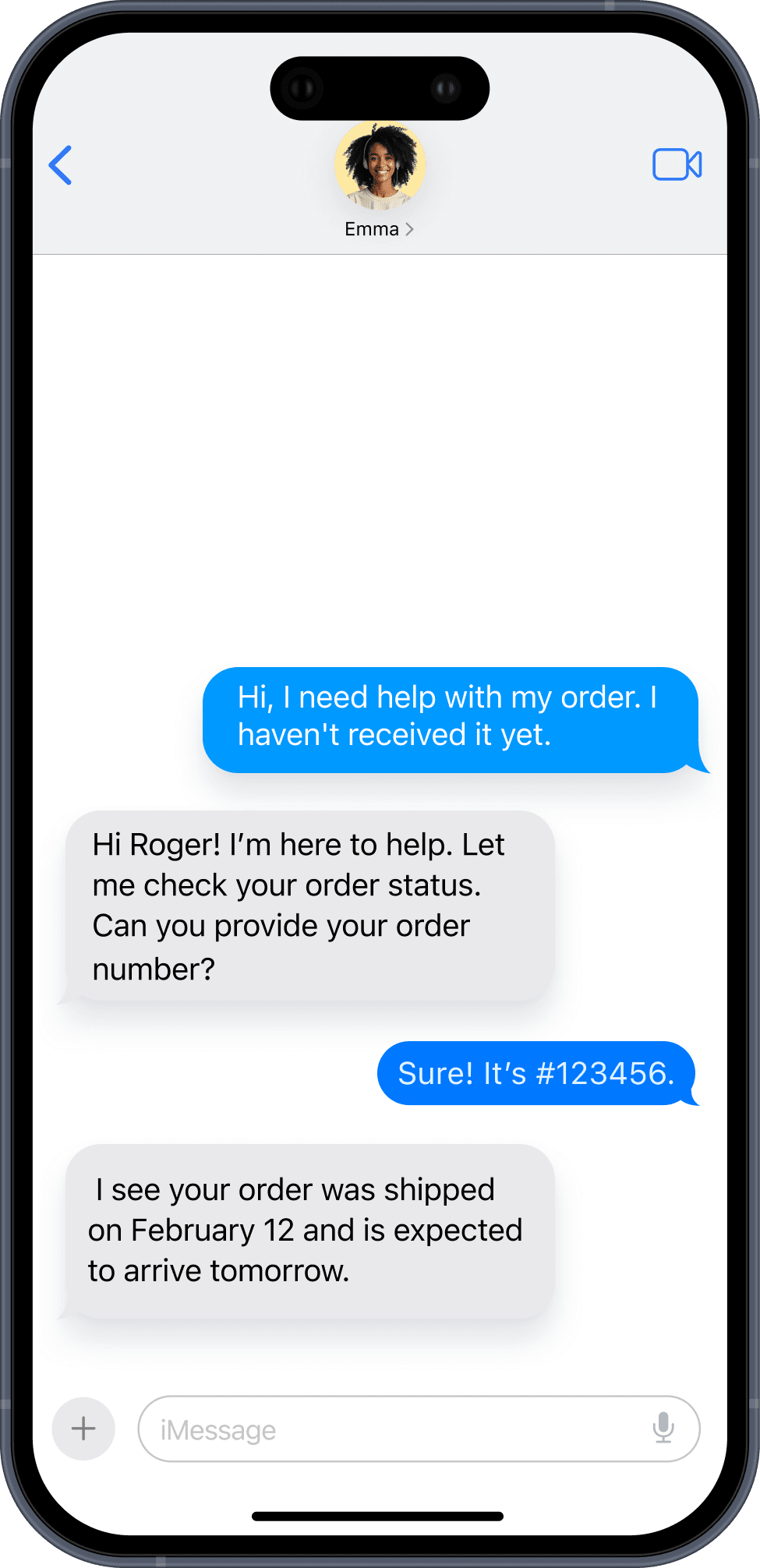 A phone screen shows conversation between AI agent and customer about order process