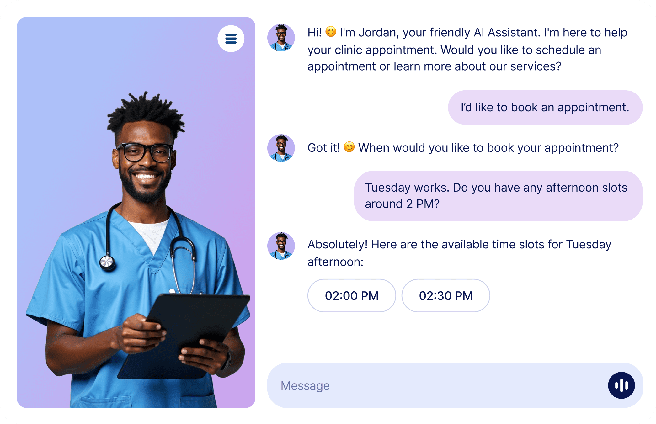 Jotform Standalone chat screen that shows conversation between Jordan, AI Assistant and a patient about appointment booking