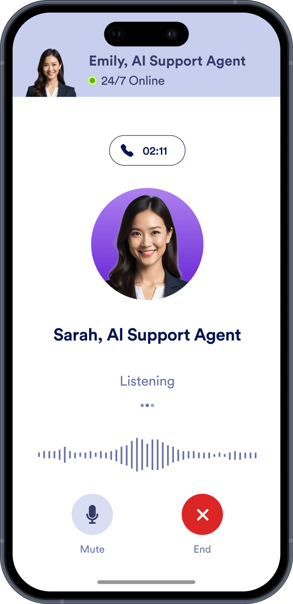 A phone screen that shows ongoing AI support agent voice conversation