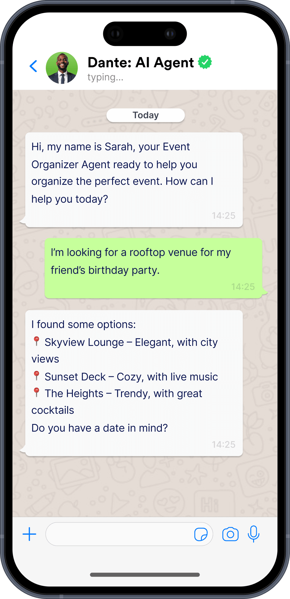 A phone screen showing WhatsApp conversation between Sarah, AI agent, and customer.