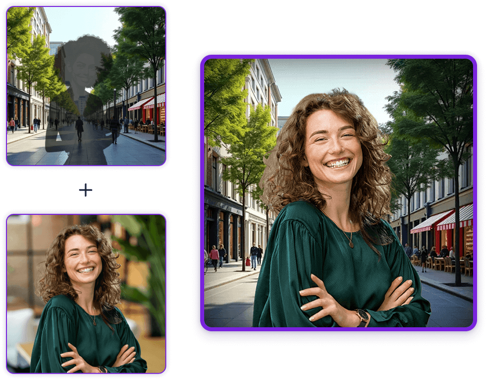 Blank scenery picture and woman picture, next to them mixed version of these 2 images