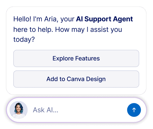 AI support chatbot greeting with action buttons in Canva