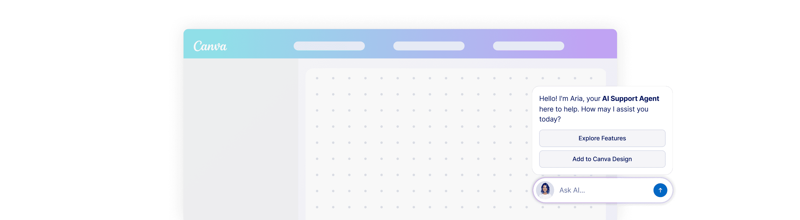 AI support chatbot embedded in a Canva design editor