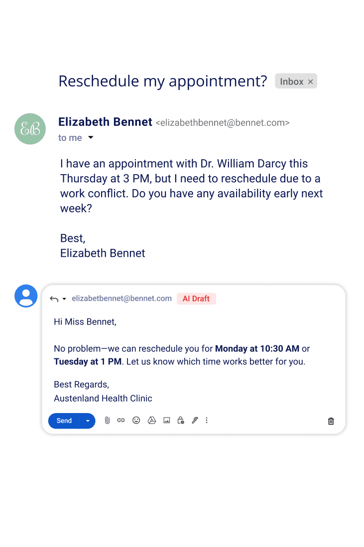 A desktop screen that has a Gmail conversation with an AI Agent