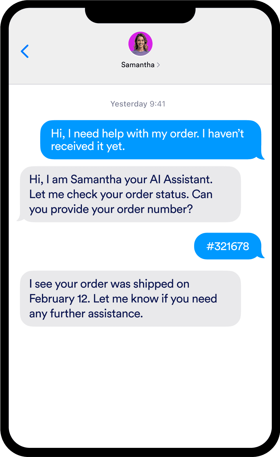A phone screen that has a SMS conversation with an AI Agent
