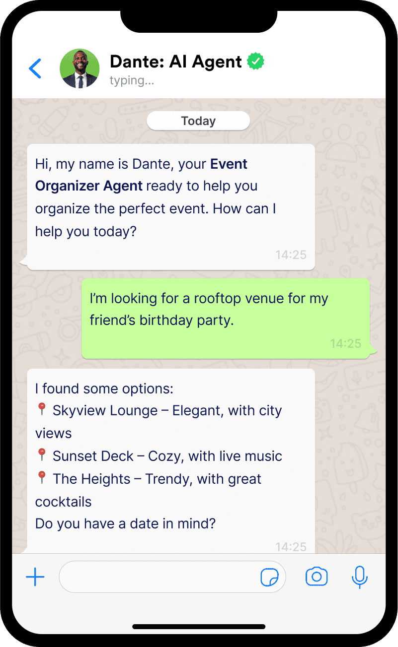 WhatsApp screen showing chat with AI agent