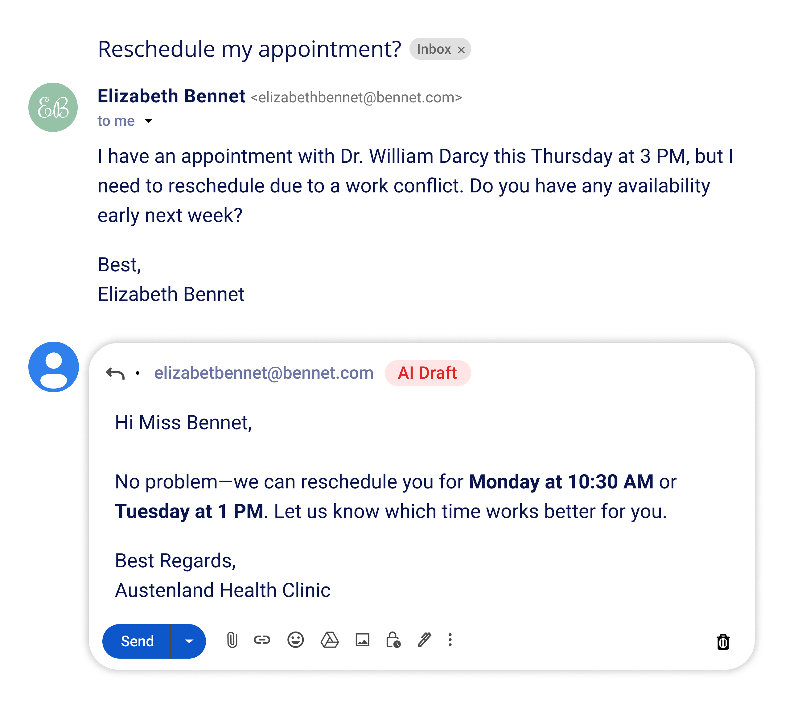 A desktop screen that has a Gmail conversation with an AI Agent