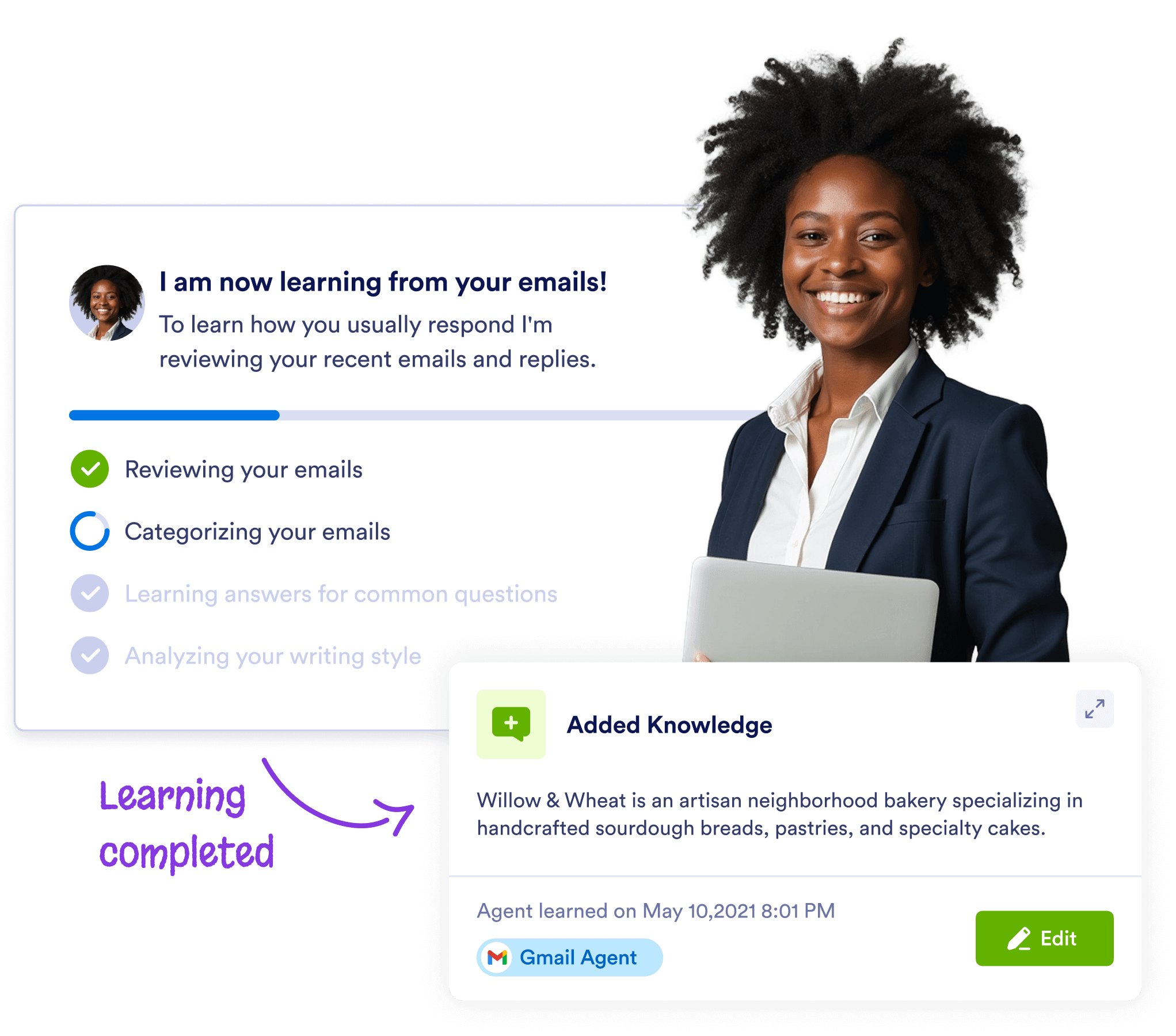 Businesswoman holding a laptop, with a progress screen showing email analysis and learning completion.