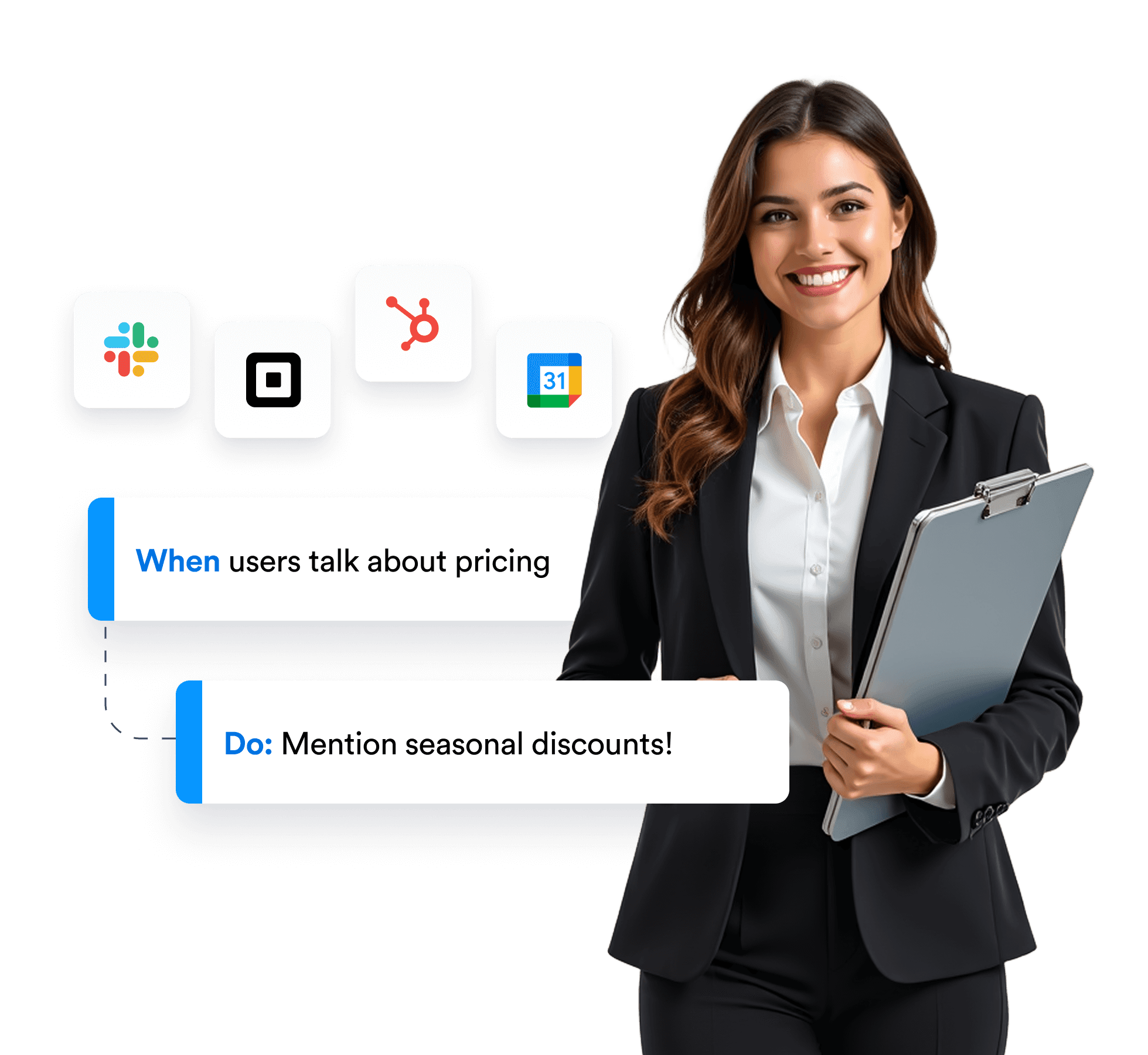 Professional woman with integrations and a prompt suggesting what to say when pricing is mentioned.