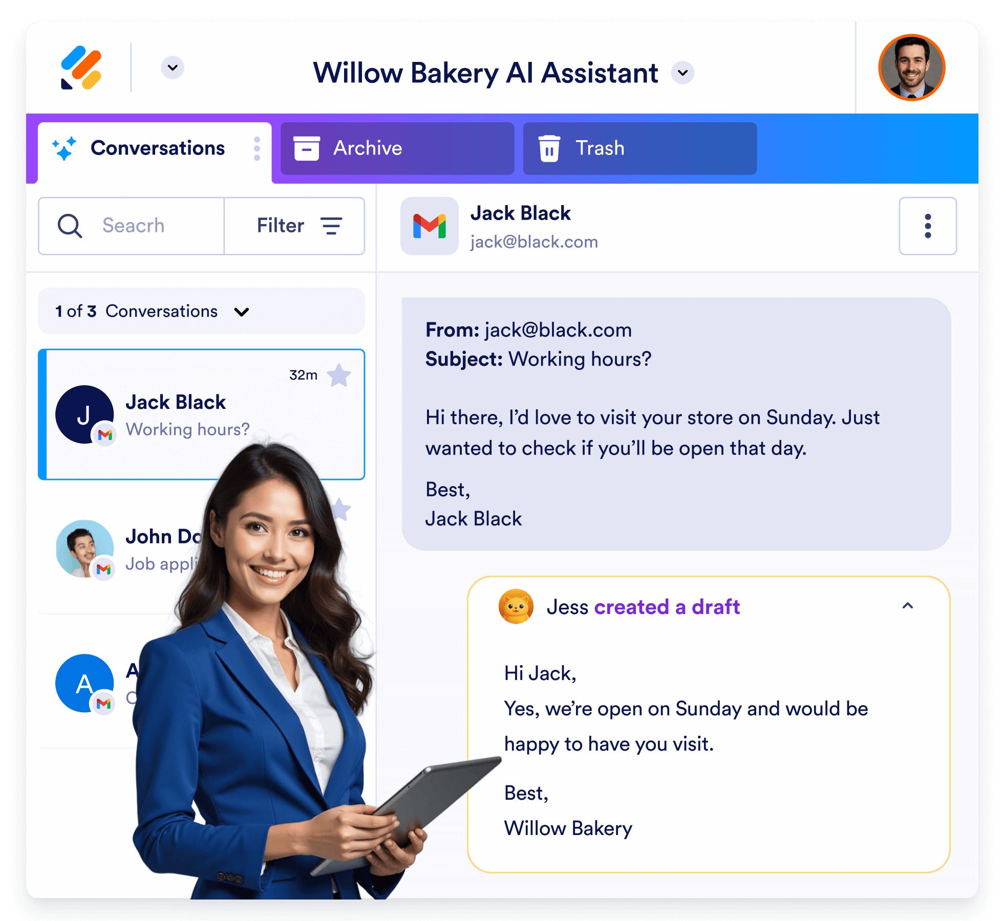 Woman holding a tablet next to an AI assistant interface drafting a reply to a customer email.