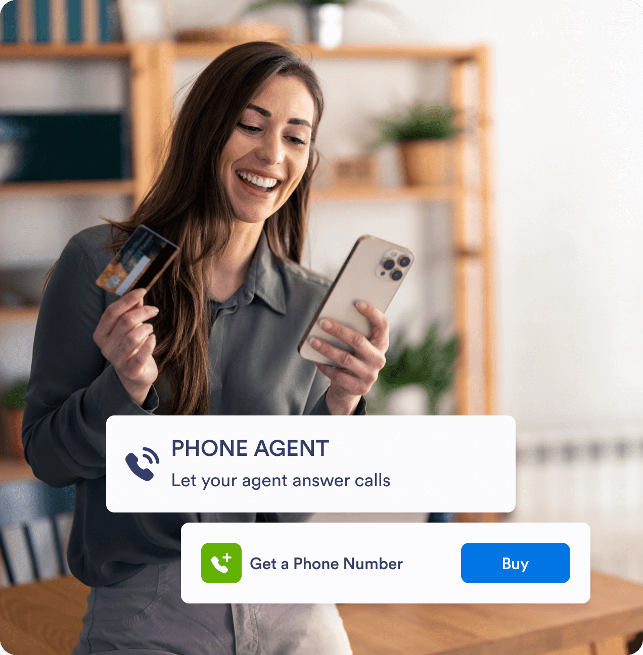 A woman holding a phone and credit card to buy Phone Agent