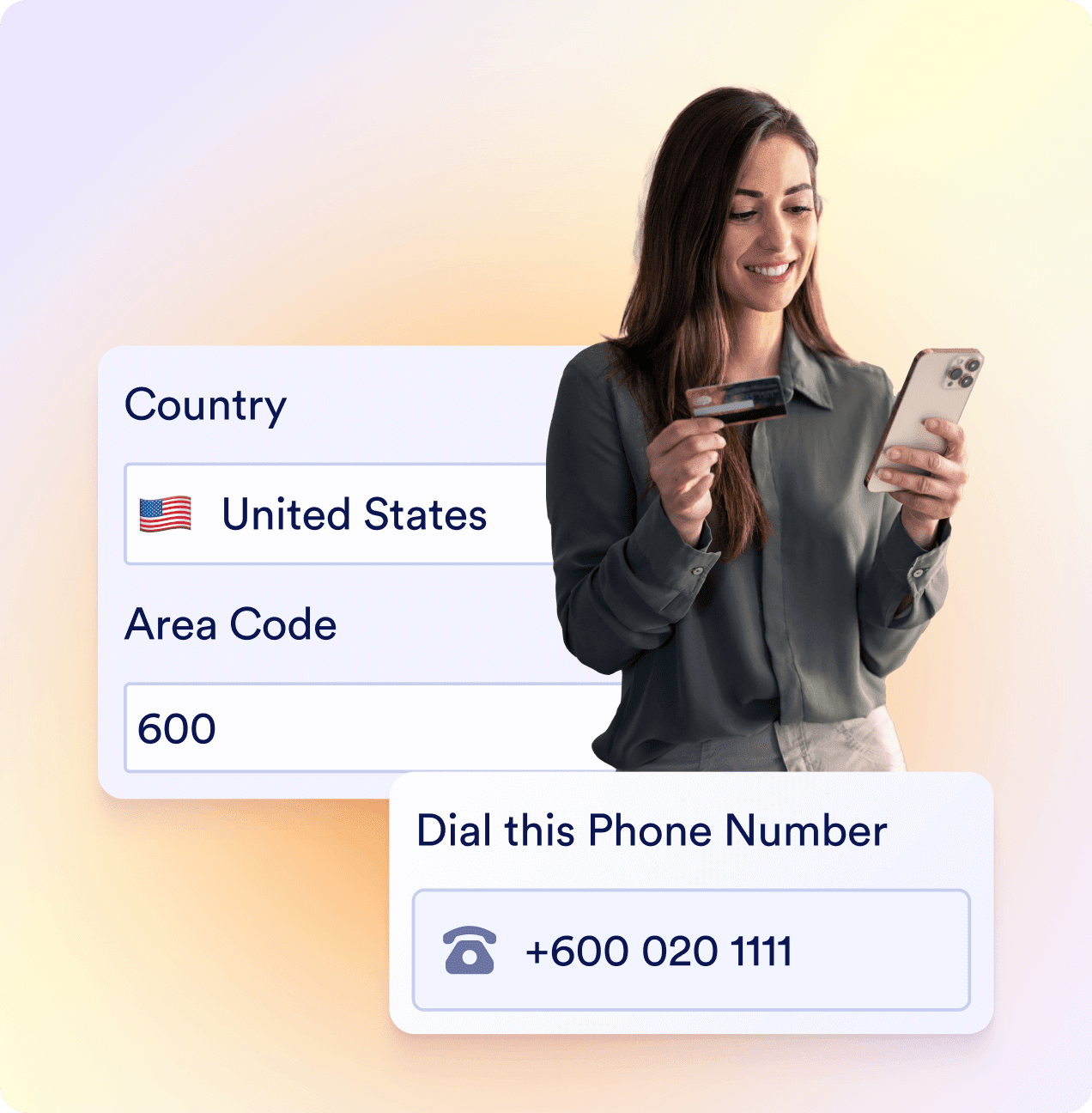 A girl is filling her country and area code on the phone and receives her dedicated phone number