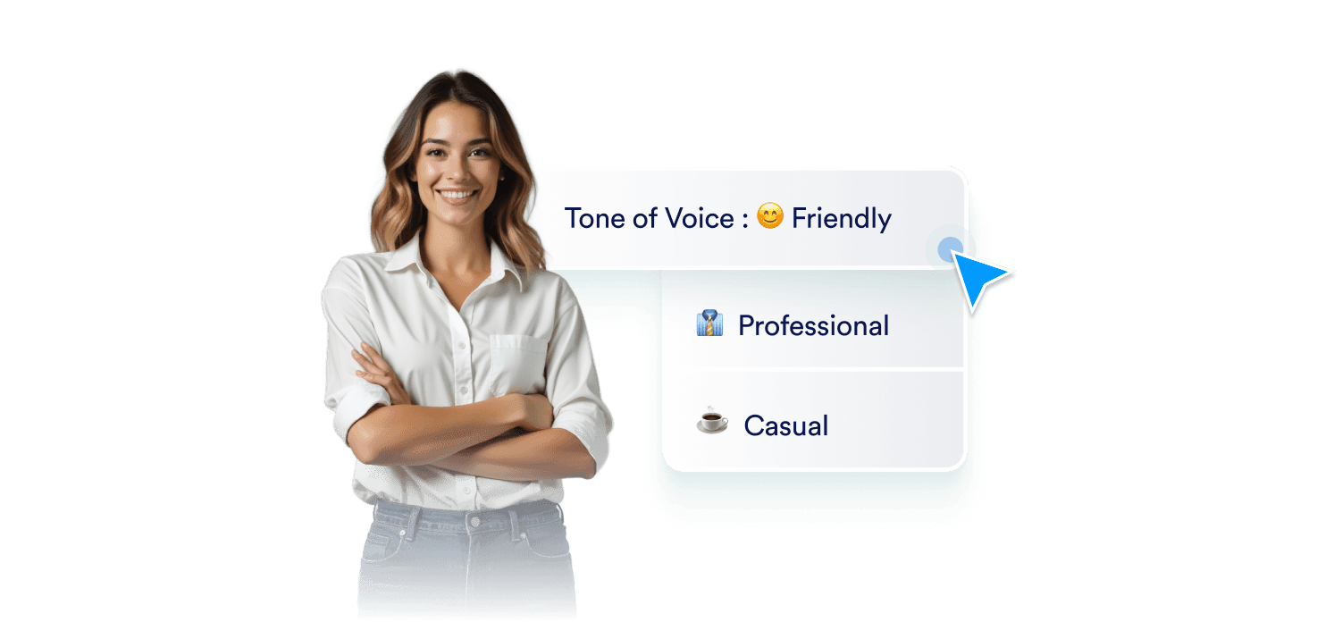 A woman smiling and next to her there a customization options for AI agents' tone of voice